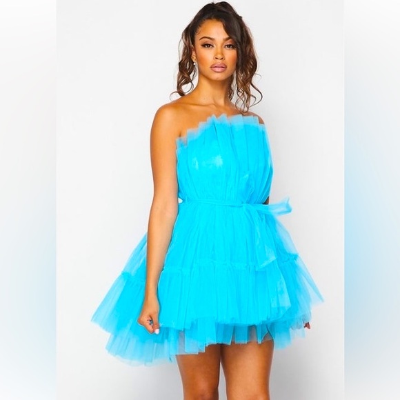 Turquoise Strapless Tulle Dress - Picture 1 of 3